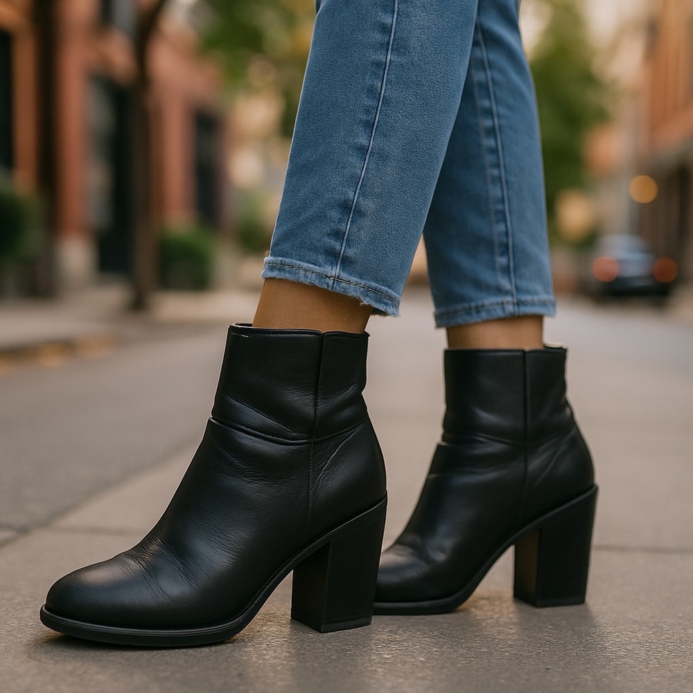 TRASK Black Leather Side Zip Ankle Stacked Heel Boots Booties Sz 6 1/2